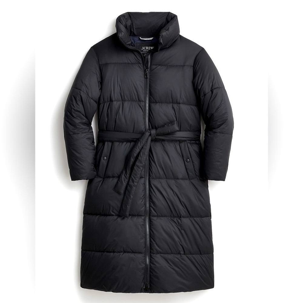 J. Crew Black Tie-waist long puffer coat